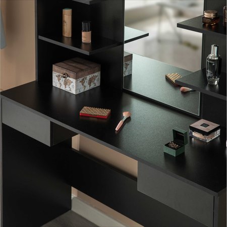 Basicwise Black Modern Wooden Dressing Table with Drawer, Mirror and Shelves for The Dining Room, Entryway QI004241L.BK